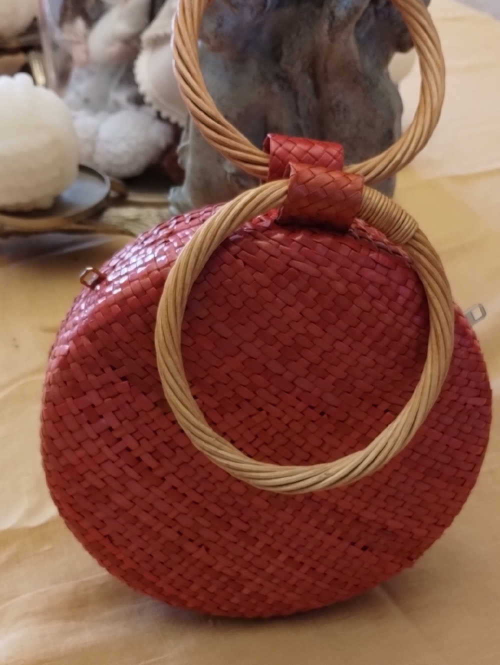 Red Round Woven Wristlet Clutch with Natural Ring Handle